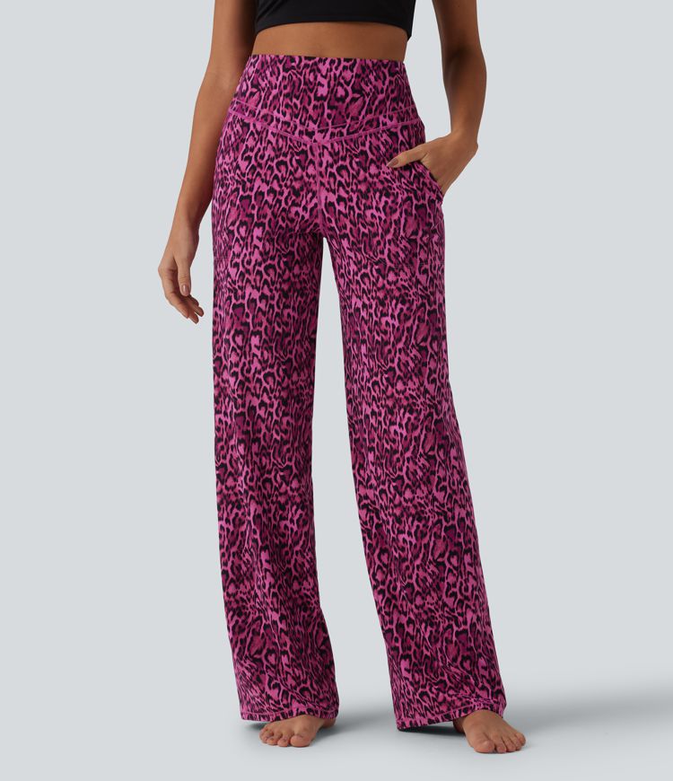 Pantalon de yoga jambes droites taille haute gainant imprimé léopard Halara UltraSculpt™ avec poches
