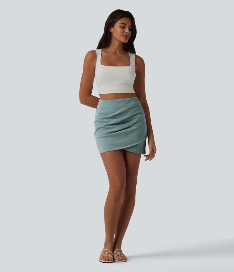 High Waisted Invisible Zipper Ruched Crossover Hem 2-in-1 Bodycon Mini Casual Linen-Feel Skirt