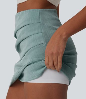 High Waisted Invisible Zipper Ruched Crossover Hem 2-in-1 Bodycon Mini Casual Linen-Feel Skirt