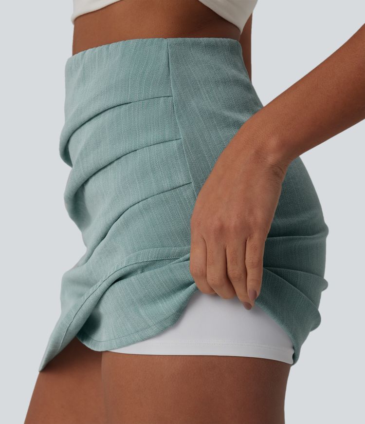 High Waisted Invisible Zipper Ruched Crossover Hem 2-in-1 Bodycon Mini Casual Linen-Feel Skirt