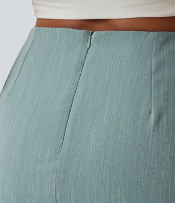 High Waisted Invisible Zipper Ruched Crossover Hem 2-in-1 Bodycon Mini Casual Linen-Feel Skirt