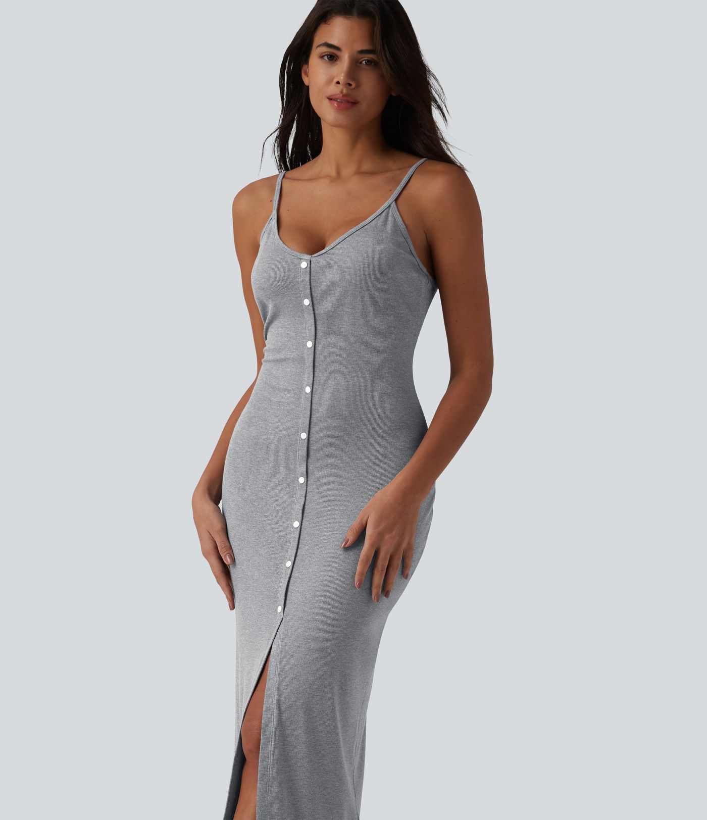 Ribbed Adjustable Straps Decorative Buttons Split Bodycon Midi Casual Slip Dress