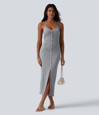 Ribbed Adjustable Straps Decorative Buttons Split Bodycon Midi Casual Slip Dress