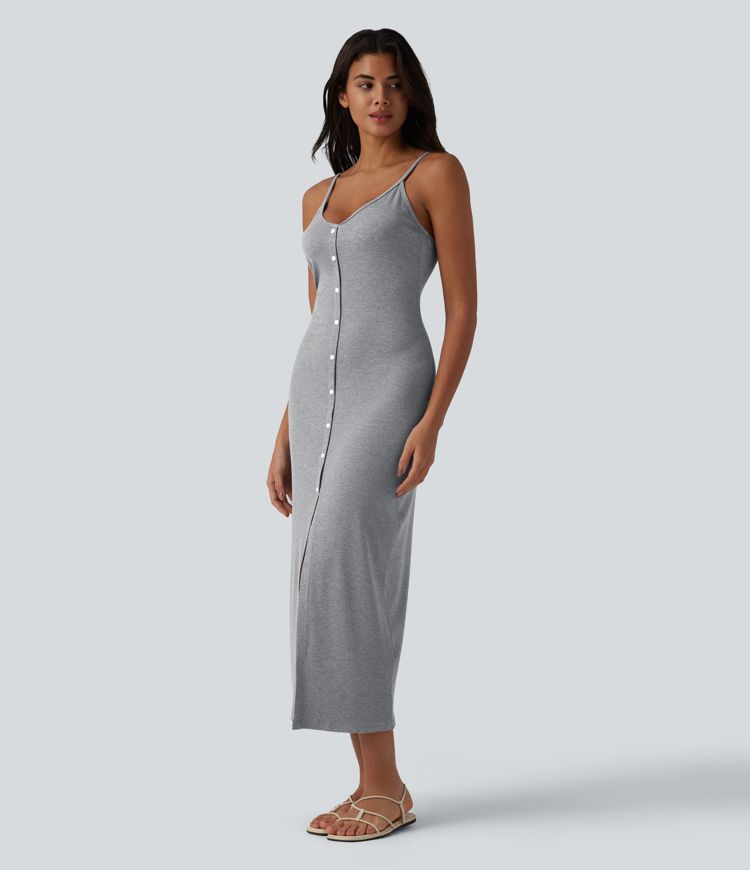 Ribbed Adjustable Straps Decorative Buttons Split Bodycon Midi Casual Slip Dress