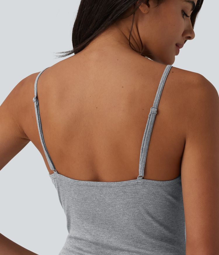 Ribbed Adjustable Straps Decorative Buttons Split Bodycon Midi Casual Slip Dress