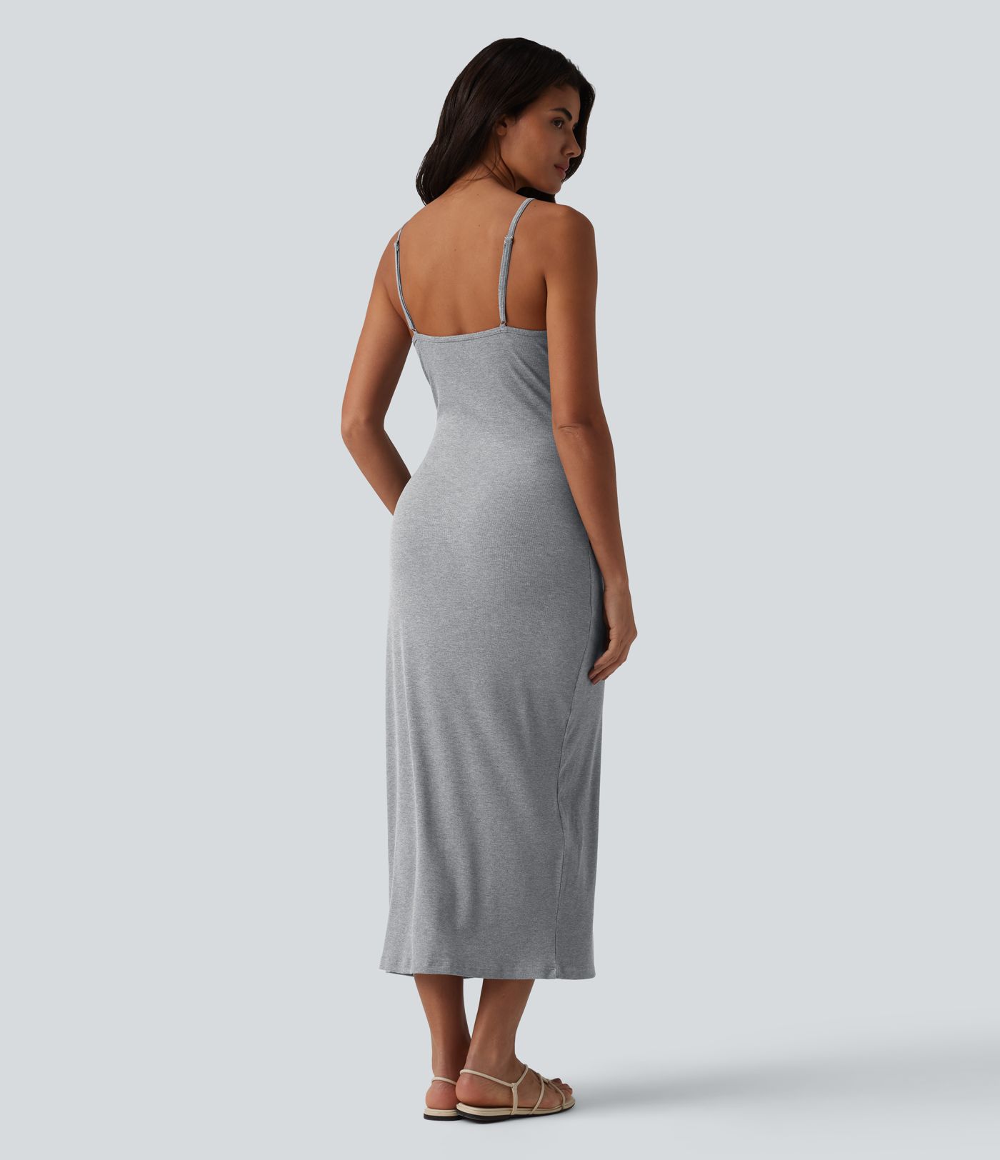 Ribbed Adjustable Straps Decorative Buttons Split Bodycon Midi Casual Slip Dress