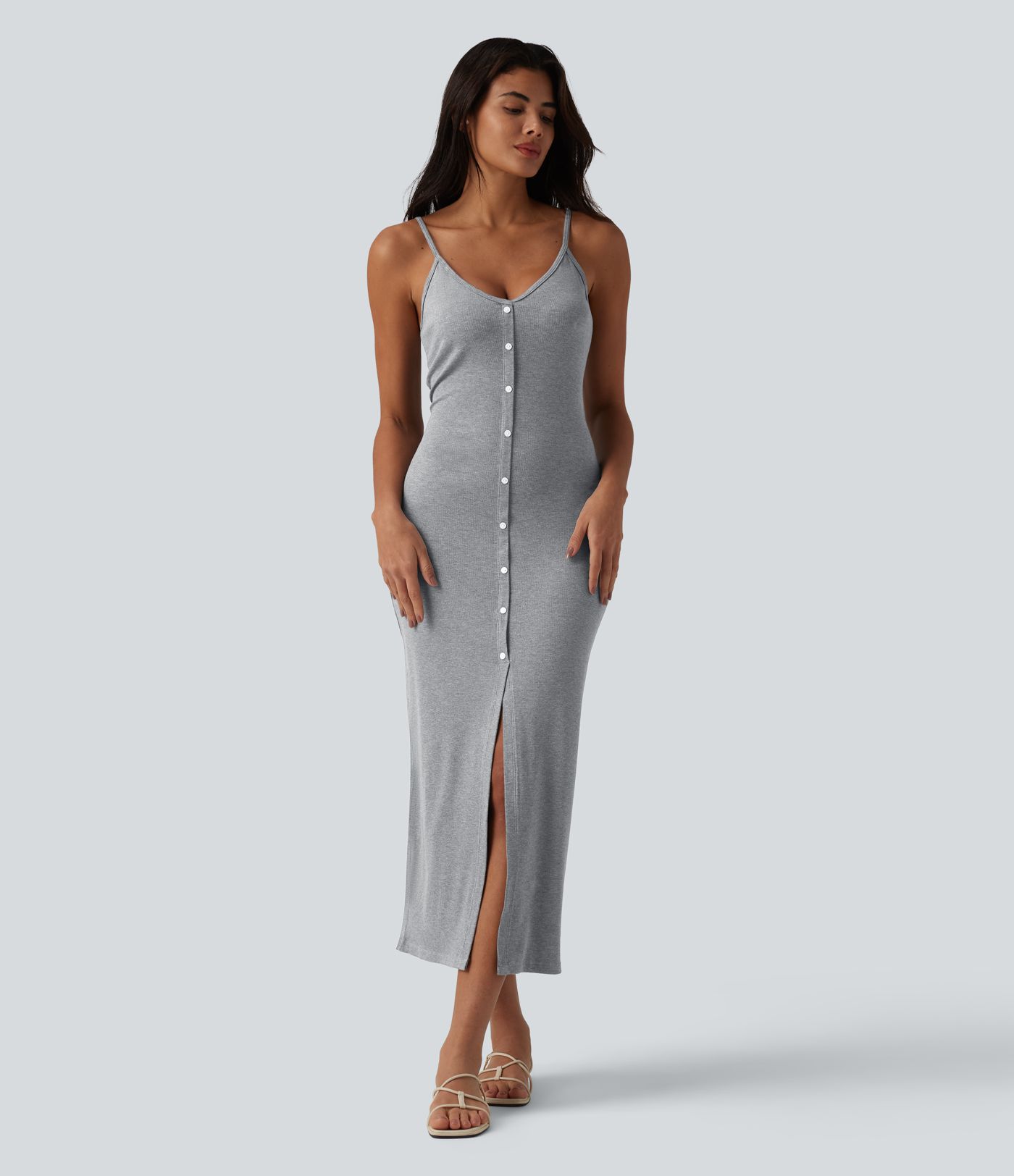 Ribbed Adjustable Straps Decorative Buttons Split Bodycon Midi Casual Slip Dress