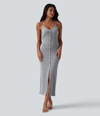 Ribbed Adjustable Straps Decorative Buttons Split Bodycon Midi Casual Slip Dress