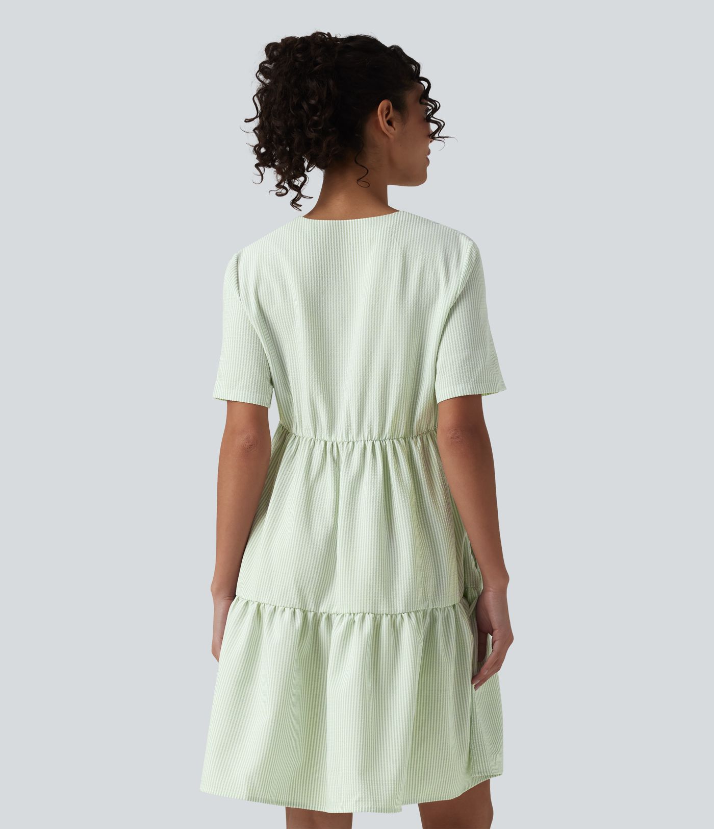 V Neck Short Sleeve Tiered Stripe Mini Casual Shirt Dress