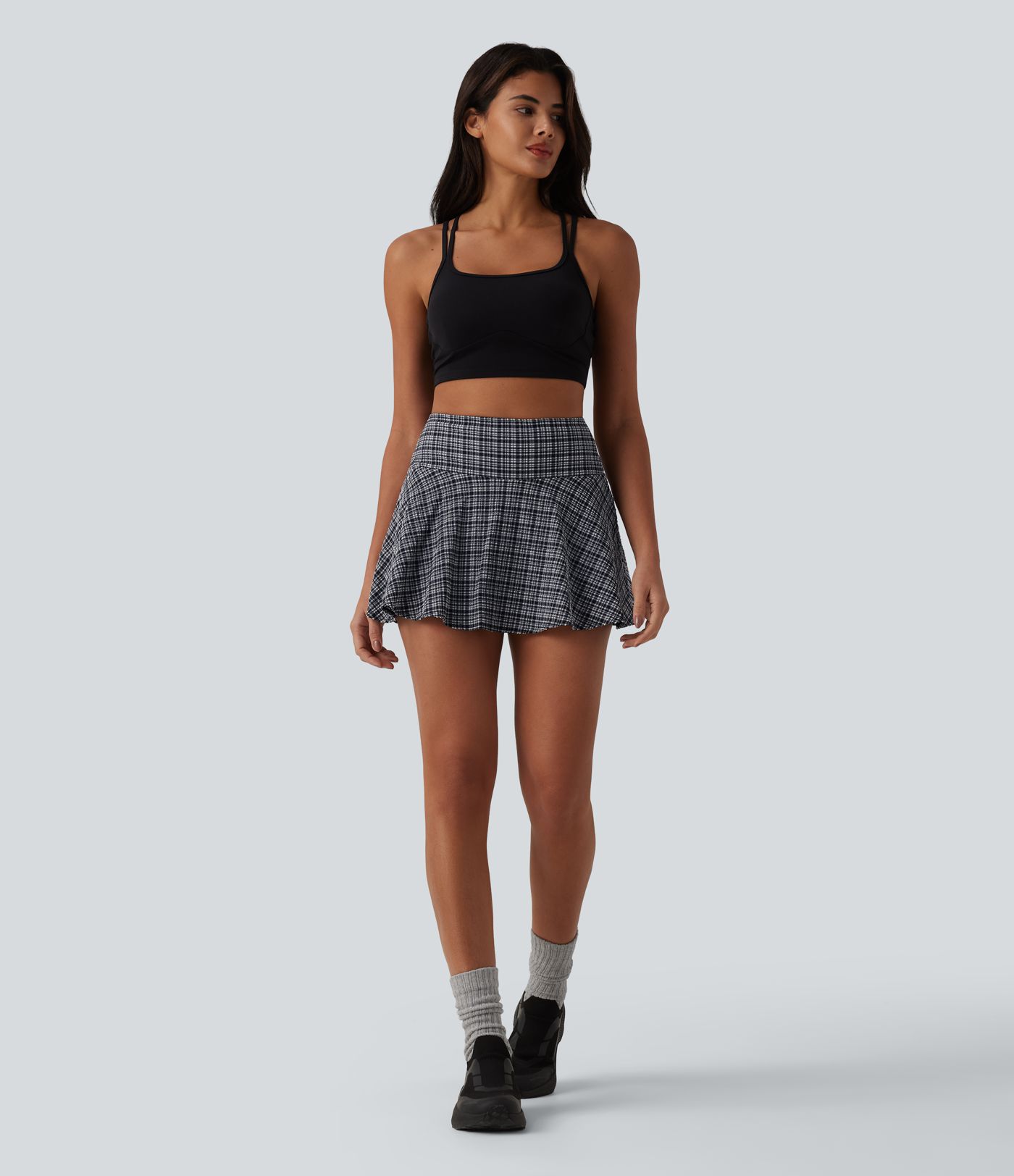 High Waisted 2-in-1 Plaid Quick Dry Flare Mini Tennis Skirt with Pockets