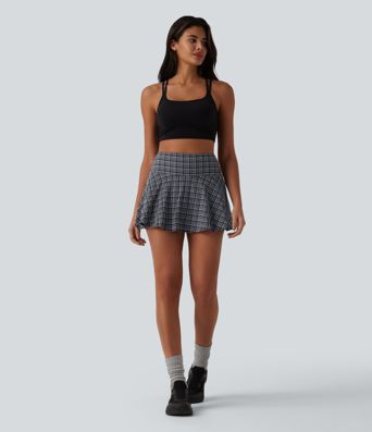 High Waisted 2-in-1 Plaid Quick Dry Flare Mini Tennis Skirt with Pockets