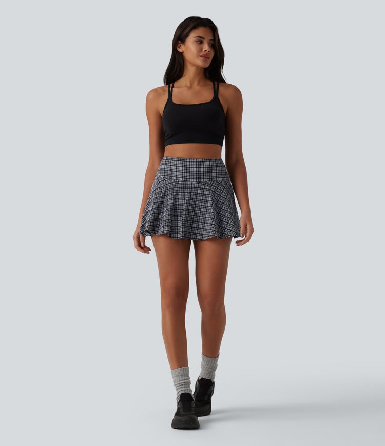 High Waisted 2-in-1 Plaid Quick Dry Flare Mini Tennis Skirt with Pockets