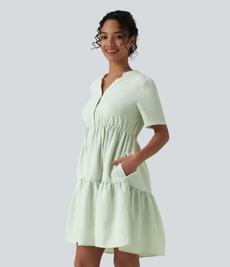 V Neck Short Sleeve Tiered Stripe Mini Casual Shirt Dress