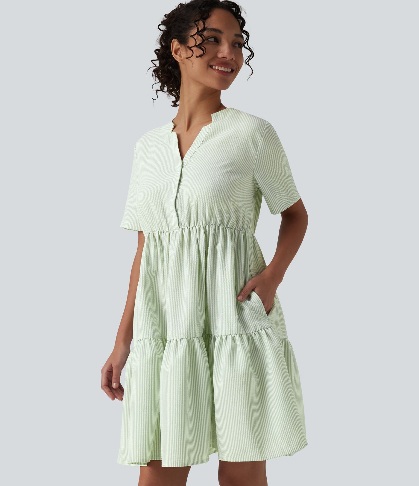 V Neck Short Sleeve Tiered Stripe Mini Casual Shirt Dress