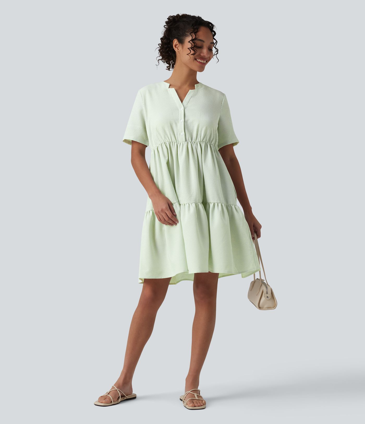 V Neck Short Sleeve Tiered Stripe Mini Casual Shirt Dress