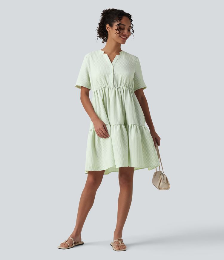 V Neck Short Sleeve Tiered Stripe Mini Casual Shirt Dress