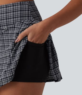 High Waisted 2-in-1 Plaid Quick Dry Flare Mini Tennis Skirt with Pockets