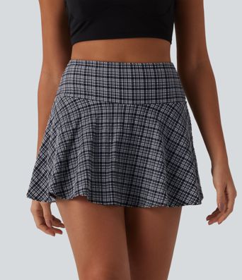 High Waisted 2-in-1 Plaid Quick Dry Flare Mini Tennis Skirt with Pockets