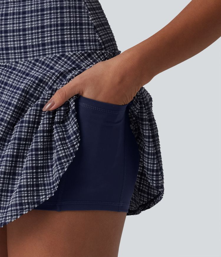 High Waisted 2-in-1 Plaid Quick Dry Flare Mini Tennis Skirt with Pockets