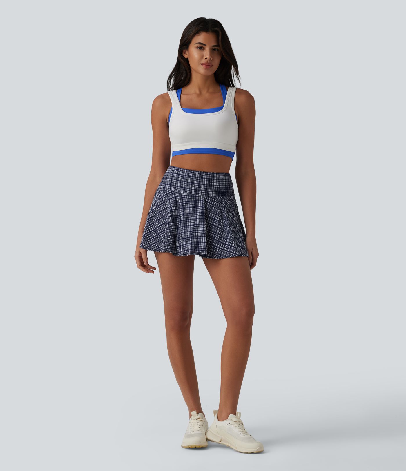 High Waisted 2-in-1 Plaid Quick Dry Flare Mini Tennis Skirt with Pockets