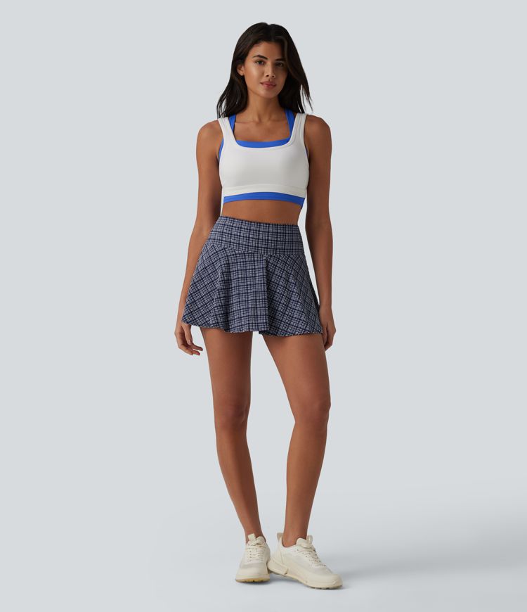 High Waisted 2-in-1 Plaid Quick Dry Flare Mini Tennis Skirt with Pockets