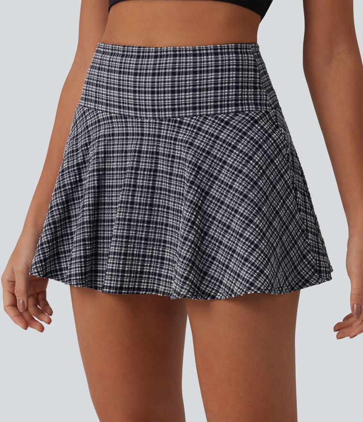 High Waisted 2-in-1 Plaid Quick Dry Flare Mini Tennis Skirt with Pockets