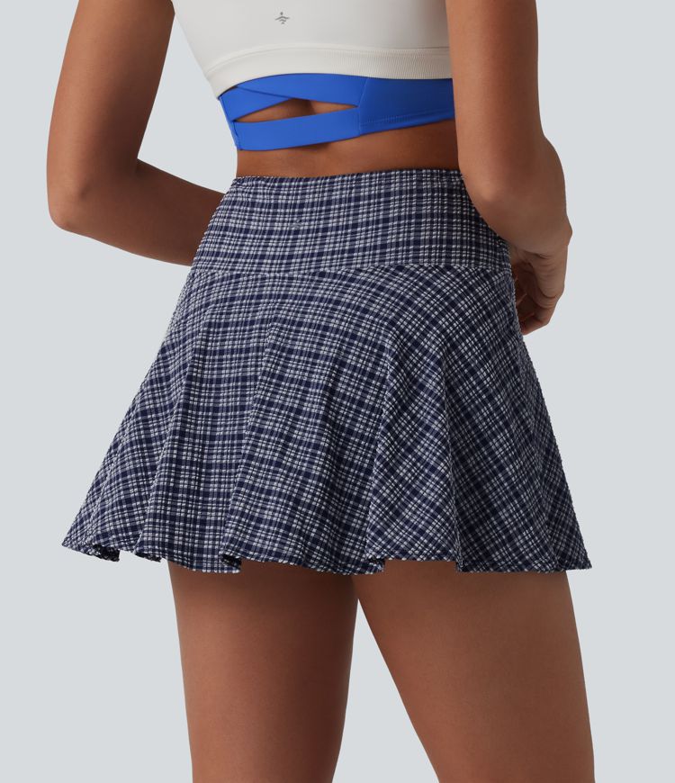 High Waisted 2-in-1 Plaid Quick Dry Flare Mini Tennis Skirt with Pockets