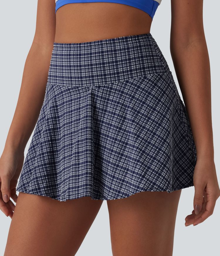 High Waisted 2-in-1 Plaid Quick Dry Flare Mini Tennis Skirt with Pockets