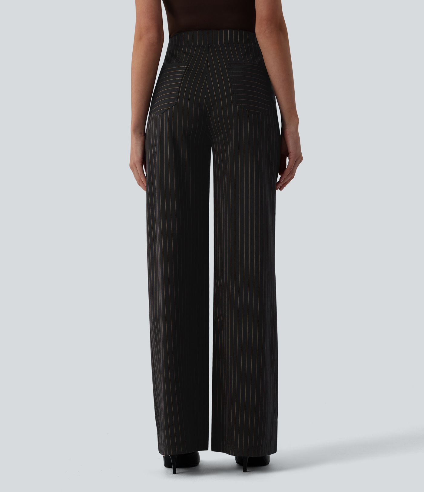 High Waisted Wide Leg Stripe Work Pants with Pockets