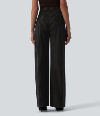 High Waisted Wide Leg Stripe Work Pants with Pockets