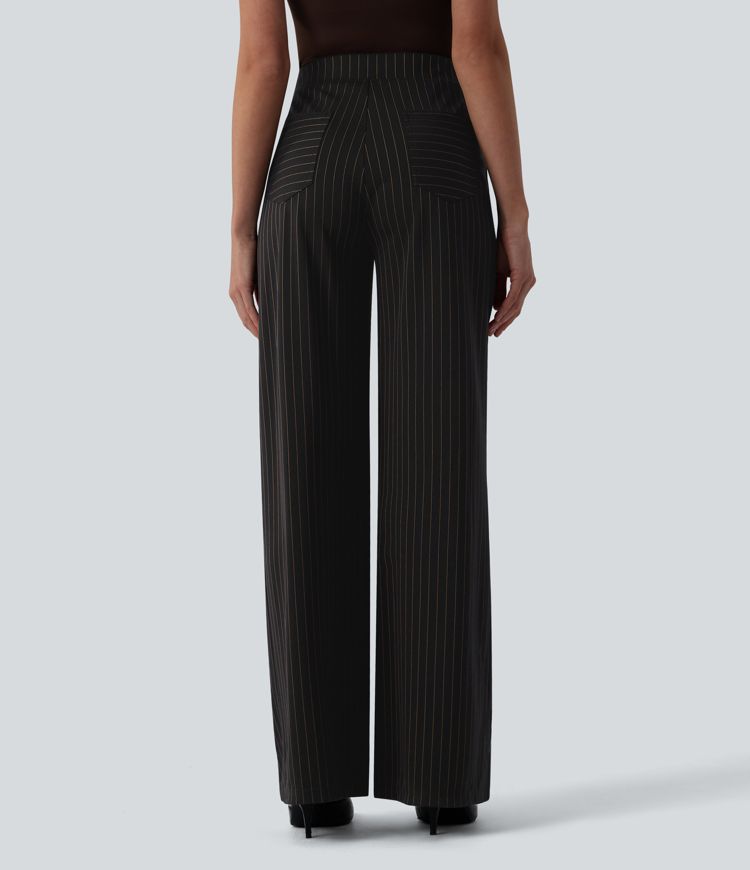 High Waisted Wide Leg Stripe Work Pants with Pockets