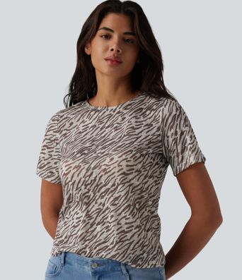 Round Neck Short Sleeve Zebra Print Casual T-Shirt