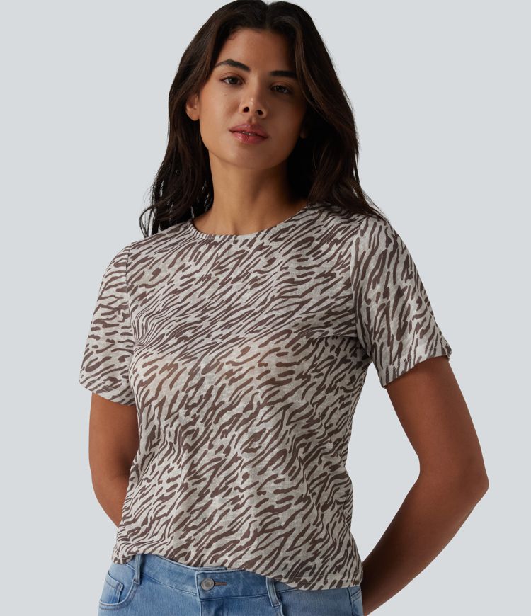 Round Neck Short Sleeve Zebra Print Casual T-Shirt