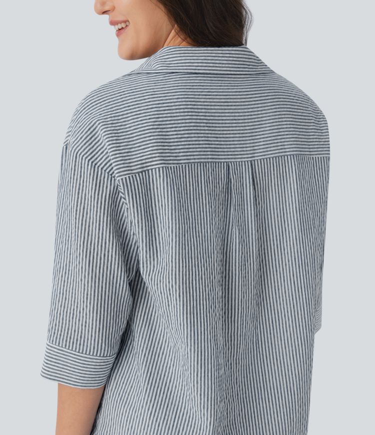 Chemisier rayé tailleur à manches mi-longues et ourlet arrondi