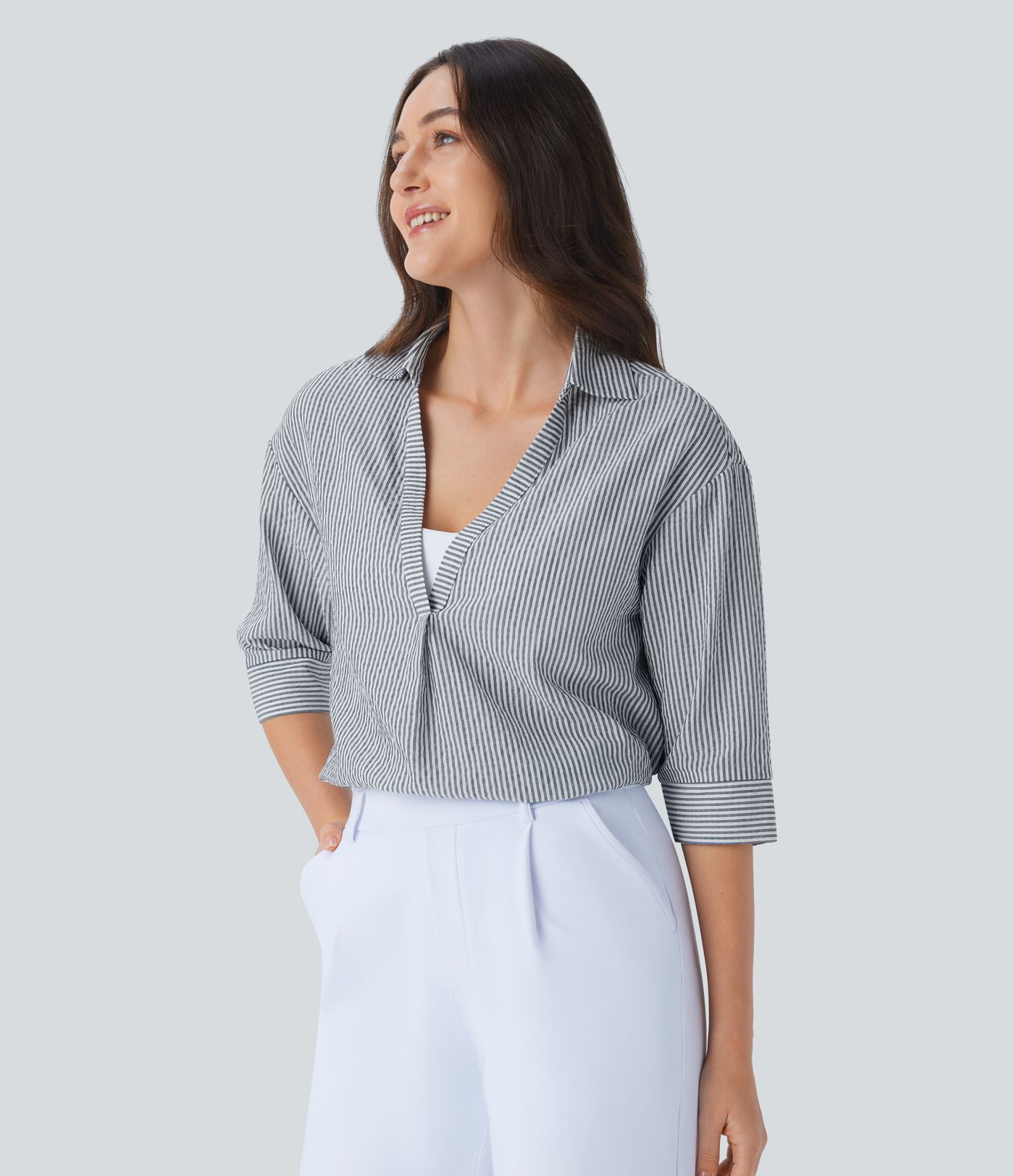 Chemisier rayé tailleur à manches mi-longues et ourlet arrondi