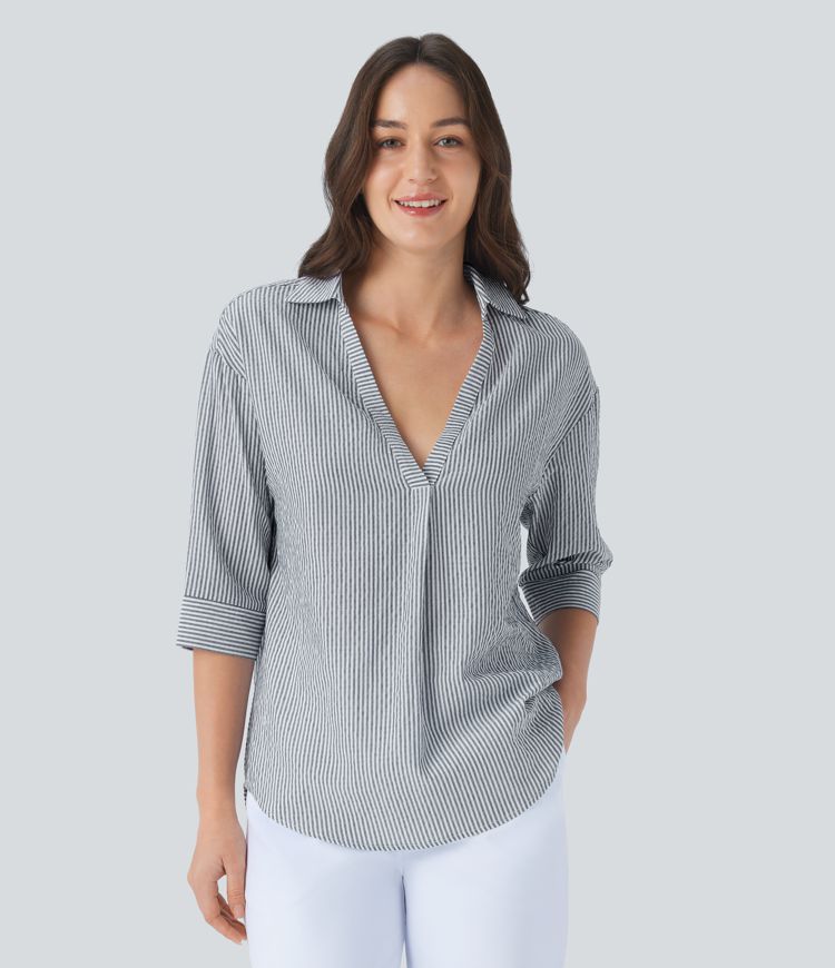 Chemisier rayé tailleur à manches mi-longues et ourlet arrondi