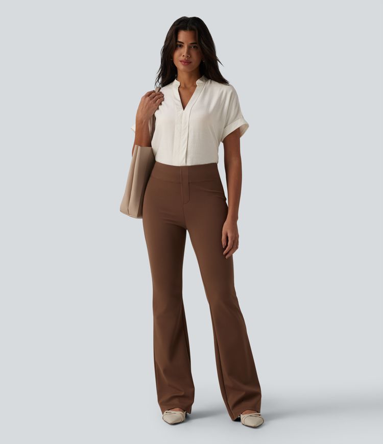 V Neck Short Sleeve Linen-Feel Work Shirt