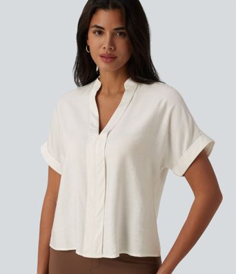 V Neck Short Sleeve Linen-Feel Work Shirt