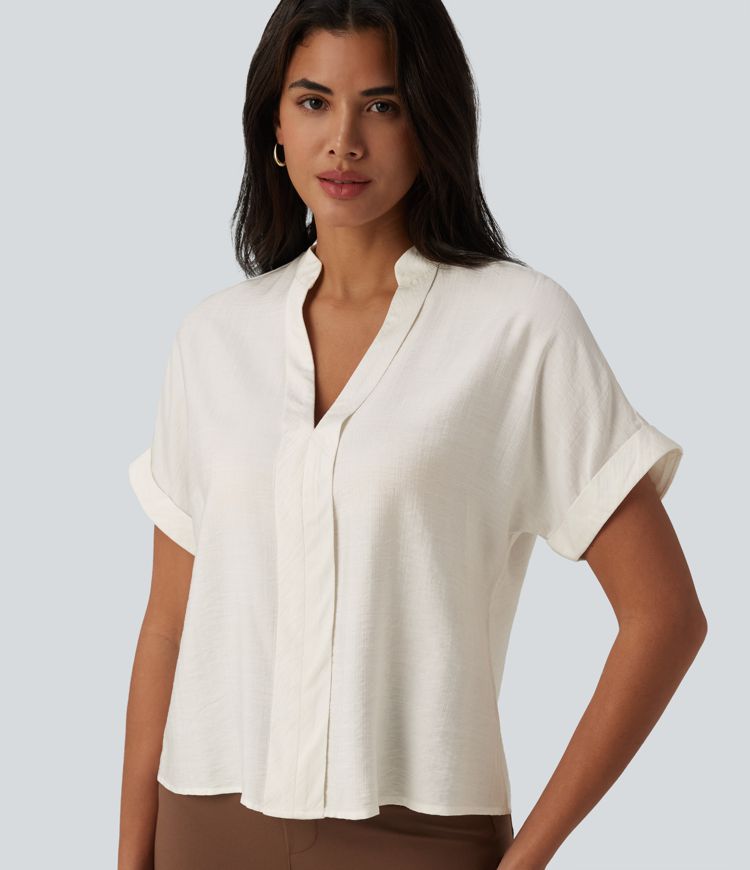 V Neck Short Sleeve Linen-Feel Work Shirt