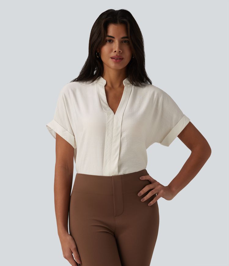 V Neck Short Sleeve Linen-Feel Work Shirt