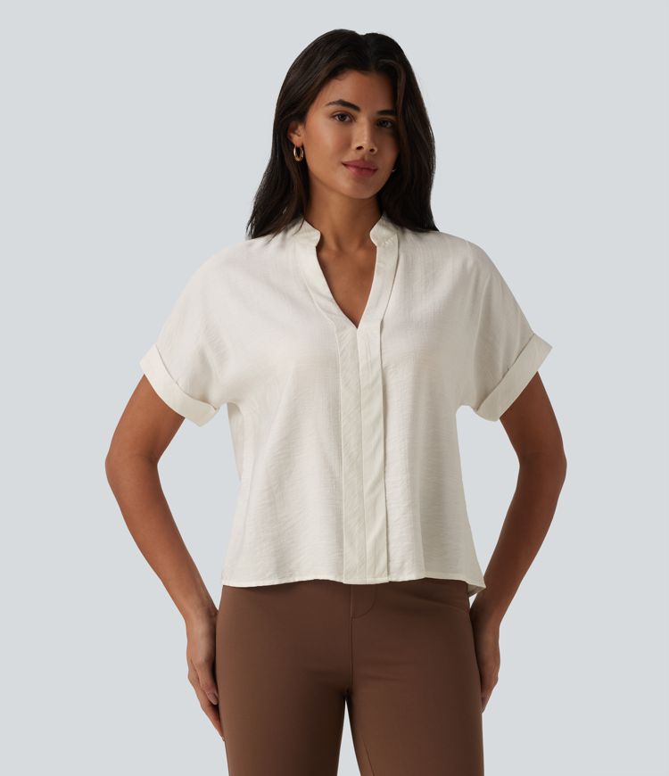 V Neck Short Sleeve Linen-Feel Work Shirt