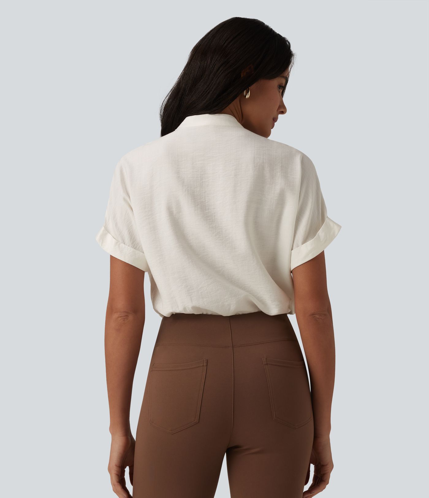 V Neck Short Sleeve Linen-Feel Work Shirt