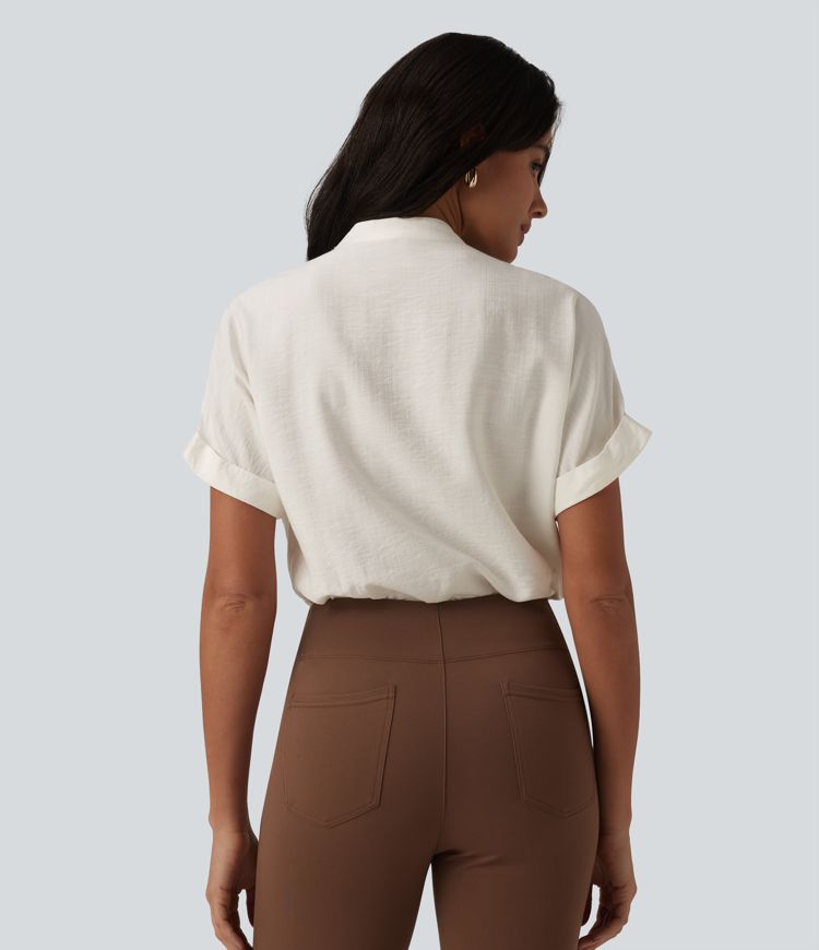 V Neck Short Sleeve Linen-Feel Work Shirt