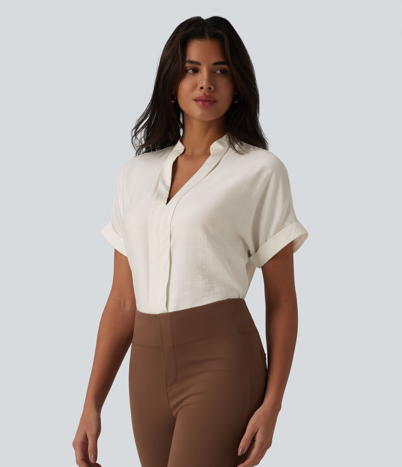 V Neck Short Sleeve Linen-Feel Work Shirt