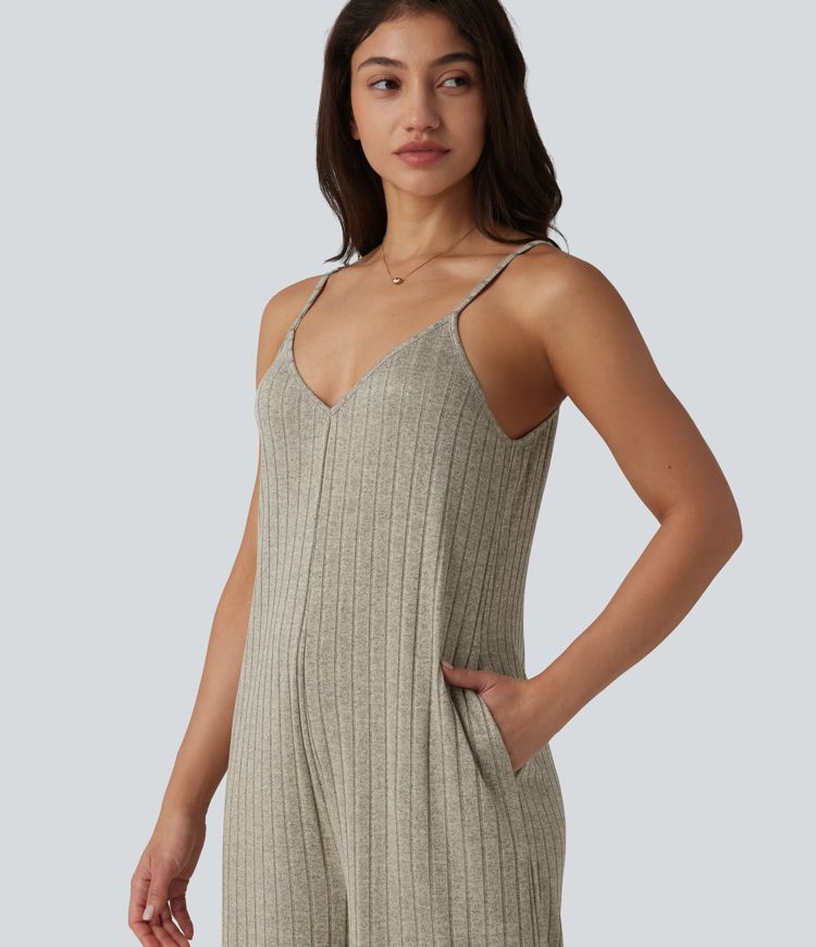 Ribbed Knit V Neck Casual Slip Jumpsuit with Pockets