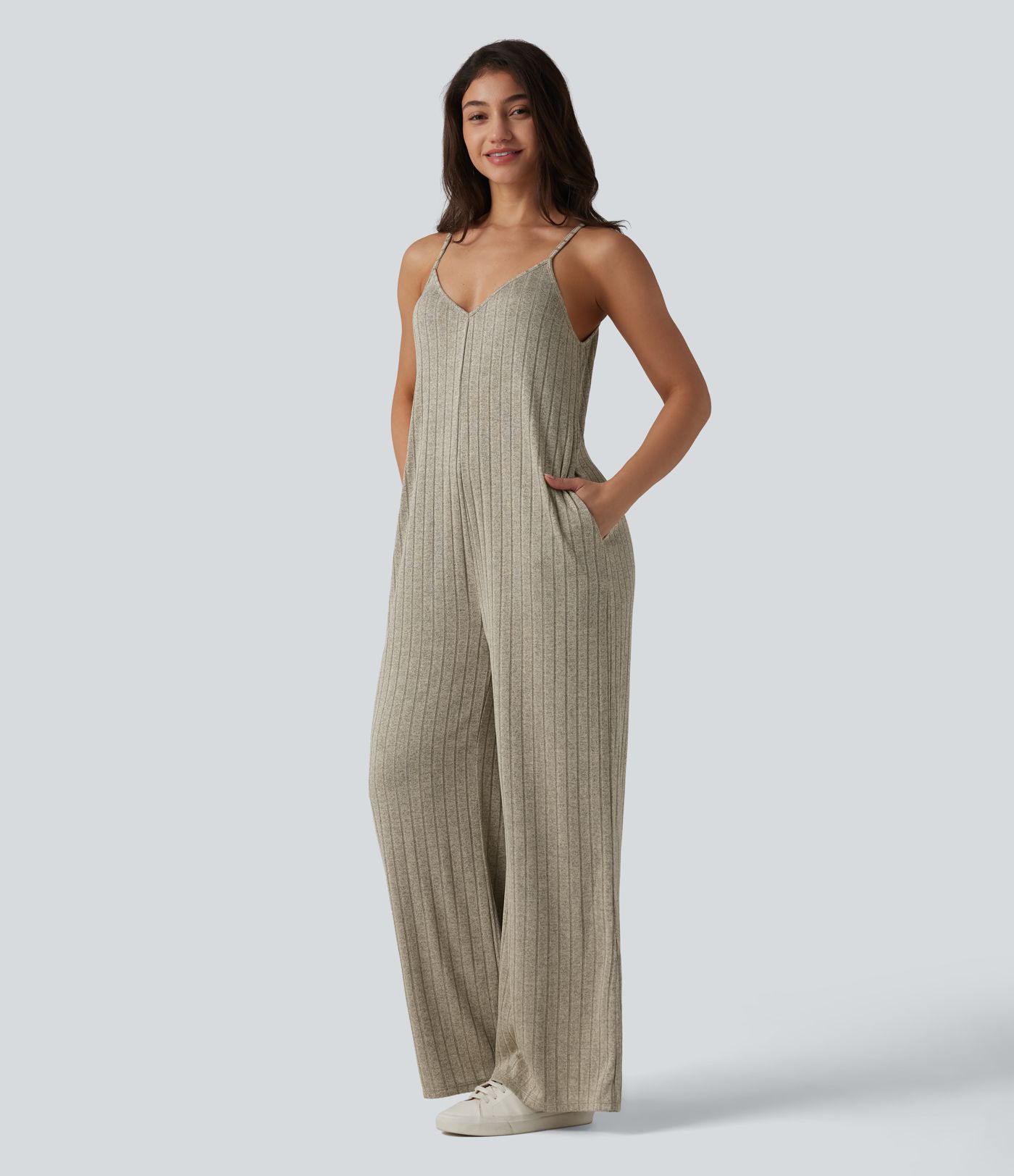 Ribbed Knit V Neck Casual Slip Jumpsuit with Pockets