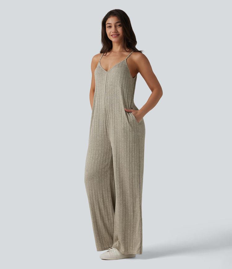 Ribbed Knit V Neck Casual Slip Jumpsuit with Pockets