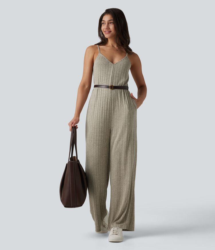Ribbed Knit V Neck Casual Slip Jumpsuit with Pockets