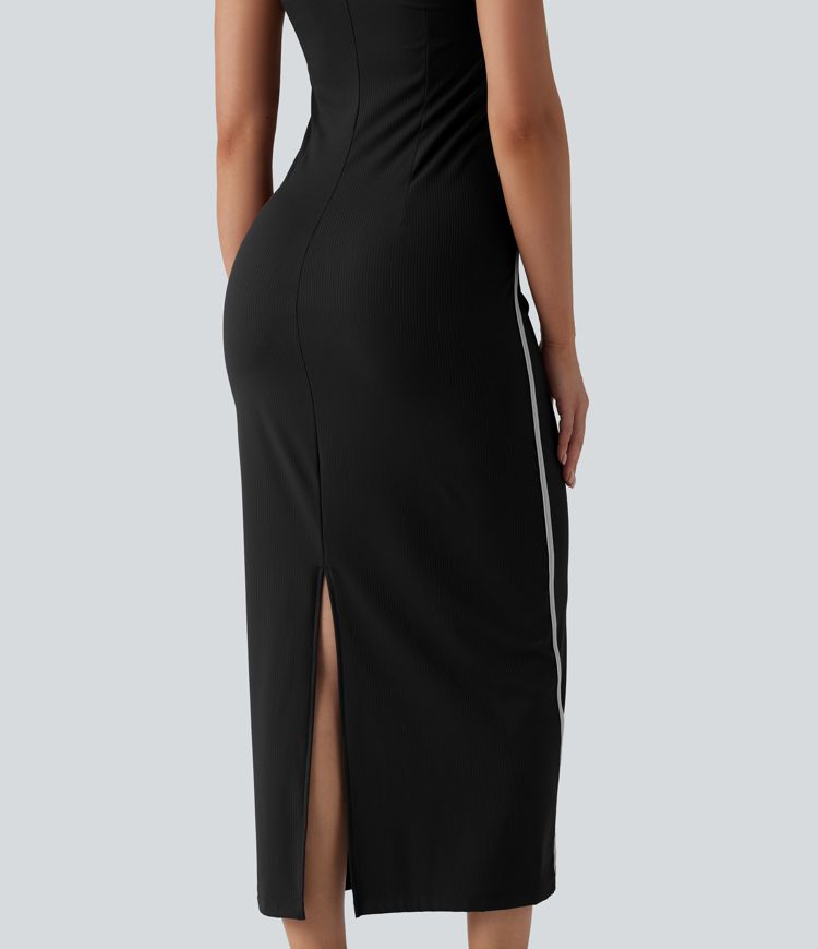 Ribbed Sweetheart Neck Non-Removable Pad Color Block Midi Casual Slip Dress