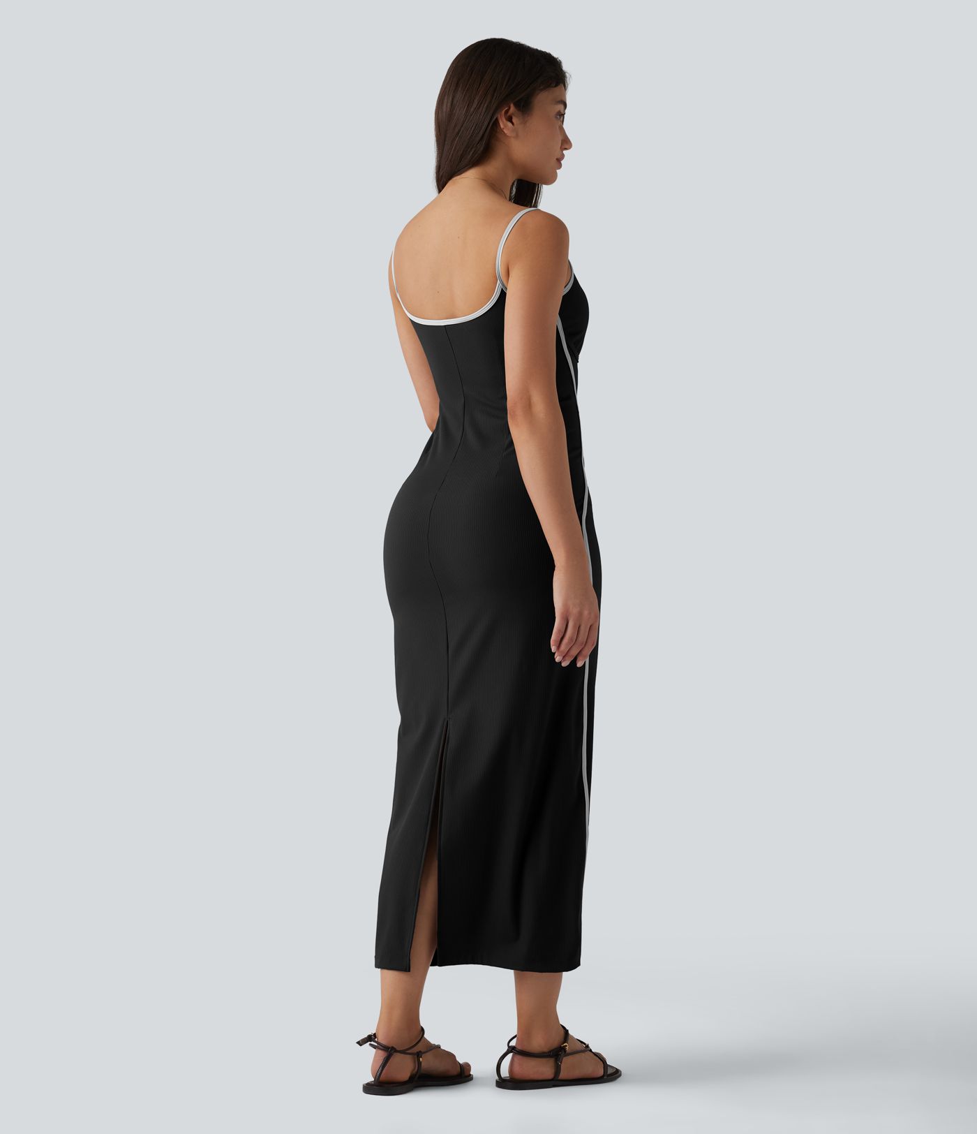 Ribbed Sweetheart Neck Non-Removable Pad Color Block Midi Casual Slip Dress